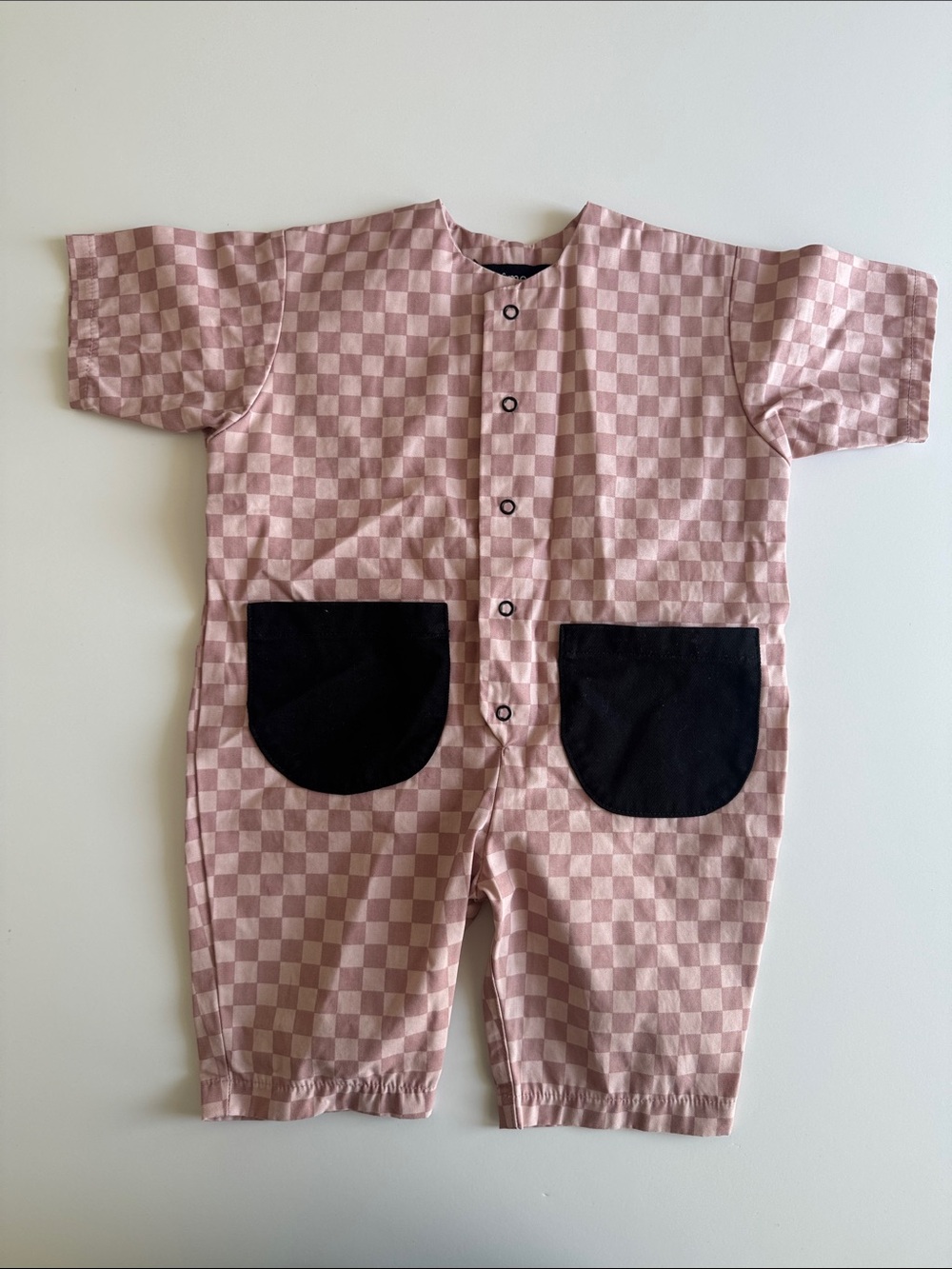 Meme Kids One Piece Pink Checkerboard with Black Pockets